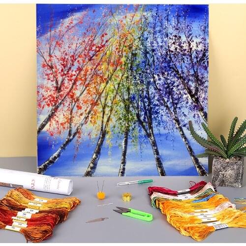 Natural Scenery Rainbow Birches Printed Fabric 11CT Cross Stitch Set DIY Embroidery DMC Threads Handicraft Hobby Floss