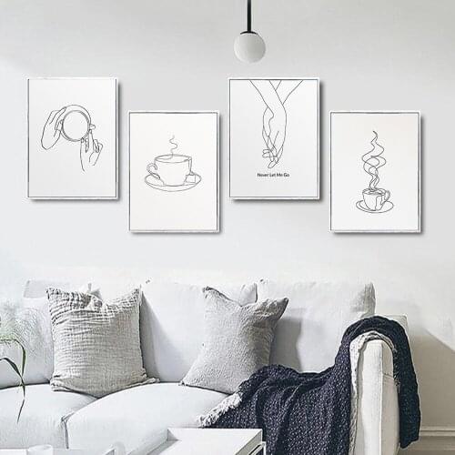 Coffee Cup Poster Drawing Picture Print Black White Hand Line Art Canvas Minimalist Painting Cafe Shop For Living Room Decor