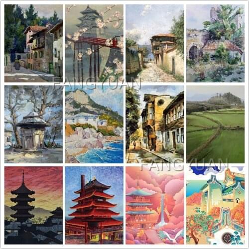 Full Square/round Diamond Painting Temple Tower Landscape Diamond Embroidery Handmade Vintage Scenery Rhinestone Wall Pictures