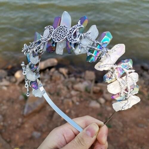 Rainbow Contrast Color Raw Crystal Headband Antique Silver Branches Hair Hoop F3MD