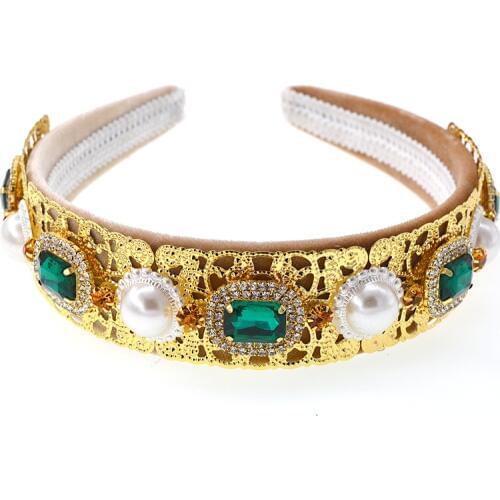 Headband Women Green crystal Wedding Bridal Hollow gold Hair Accessories Hairband Hair Hoop Girls Headwear Wedding Pearl Jewel