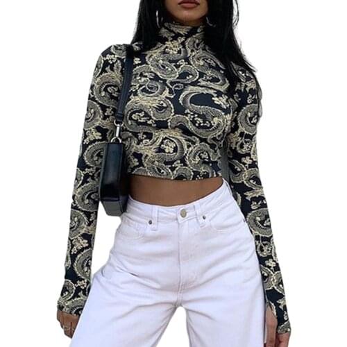 T-Shirt 2021 New Style Winter Womens Clothing Chinese Style Print Short Long Sleeve Turtleneck Bottoming T-shirt Women