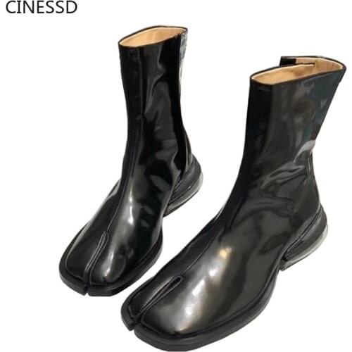 Split Toe Air Cushion Ankle Boot Cow Leather Women Genuine Leather Shoes Woman Medium Heel Tabi Ninja Shoes Lady Short Boots