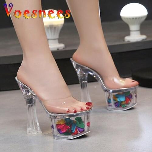 Women Summer Slippers 2021 Sexy Crystal Heel 17CM Transparent Sandals Cool Transparent PVC Petal Platform Wedding Shoes Size 43