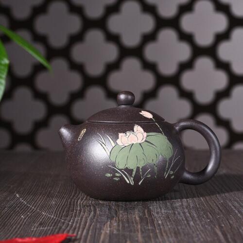240ml Famous Yixing Purple Sand Tea Pot Genuine Full Of Black Ore Mud Hand Painted Lotus Xishi Teapot Tea Kettle Free Shipping