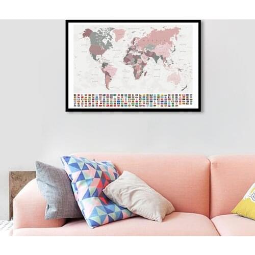 84*59cm Map of The World with National Flags Retro Wall Art Poster Spray Canvas Painting Classroom Home Decor School Supplies