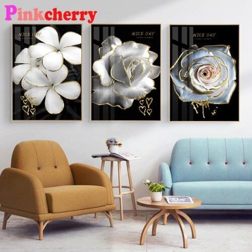 Diamond Embrodiery Black Background White Flowers Triptych 5D Diy Diamond Painting Cross Stitch Full Square Round Drill