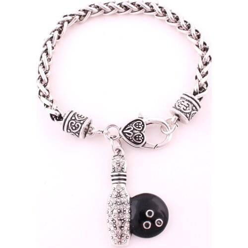Antique sliver plated studded with sparkling crystal BOWLING PIN and BOWLING BALL sporty charm Bracelet link chain