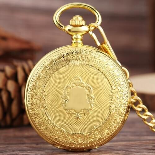 Steampunk Luxury Gold Shield Design Skeleton Dial Mechanical Hand Winding Pocket Watch Clock for Men Women Gift With 30cm Chain