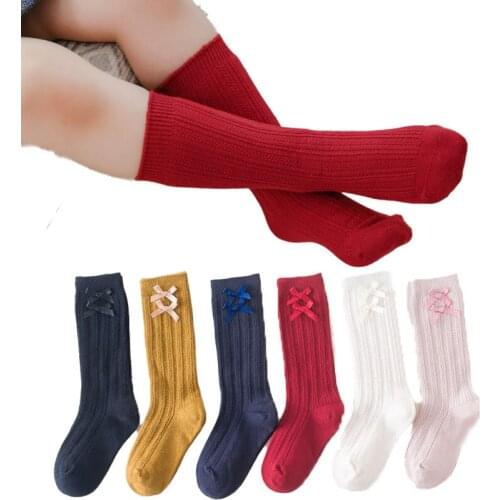 Double Small Bowknot Side Design Kids Autumn Socks Cotton Ribbed Infant Knee High Long Socks for Big Girls Clothing Accessories