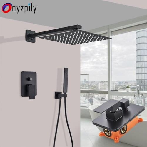 Onyzpily Matte Black 10''12''Bathroom Shower Faucet Set Rain Waterfall Black Bathtub Shower System Mixer Tap Wall Mount Faucet