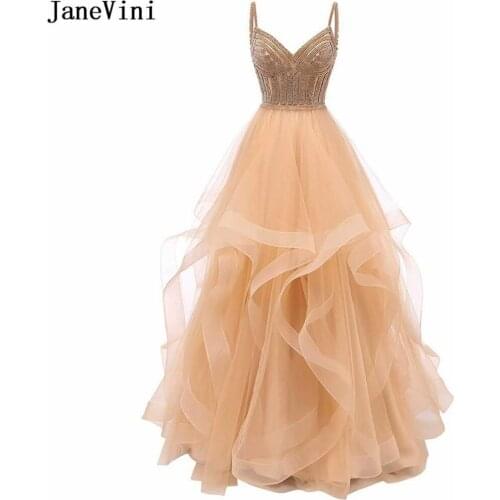 JaneVini Elegant Champagne Long Dress V Neck Luxury Sparkling Beaded Backless A Line Ruffles Tulle Prom Dresses Vestidos Largos