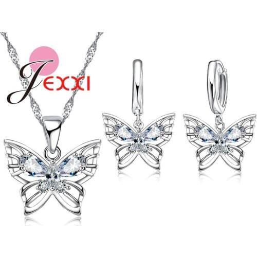 Wedding Accessories 925 Sterling Silver Clear Crystal Butterfly Pendant Design Dangle Earrings Necklace Set Bridal Jewelry