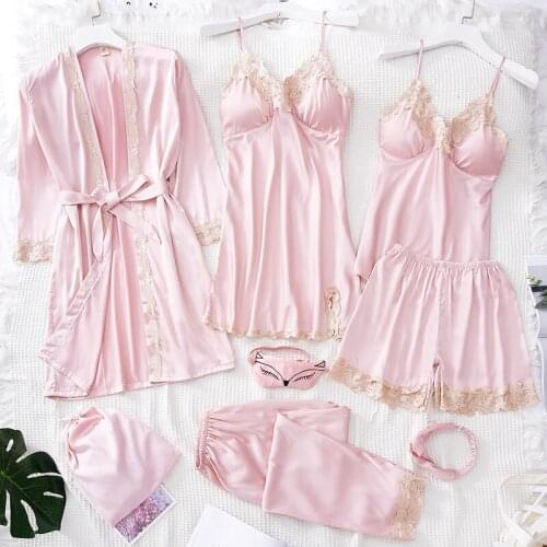 2020 Women Pajamas Set 8 Pcs Satin Sleepwear Pijama Silk HomeWear Long Robe Gown Embroidery Sleep Lounge Pyjama with Chest Pads