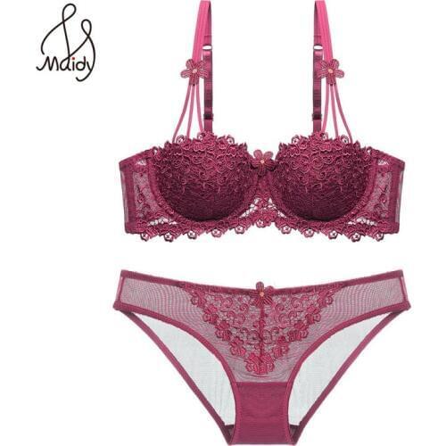 Maidy New Fashion Ladies Embroidery Lingerie Set Sexy 1/2 Cup Push Up Underwire Women Underwear Bra Brief Sets 70-85 A B C D