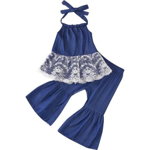Toddler Baby Girls Clothes Sets, Halter Sleeveless Lace Smock Tank Tops Long Flared Pant Denim Suits