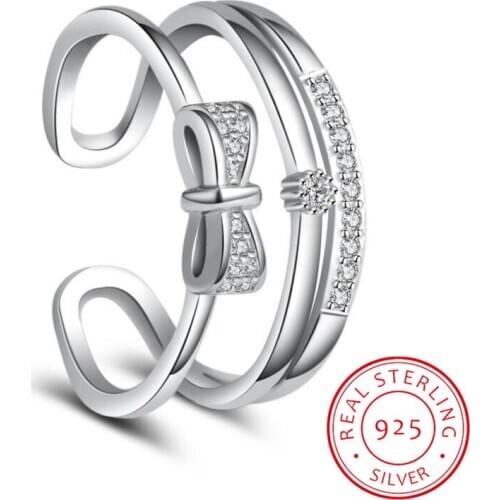 LEKANI 925 Sterling Silver Rings For Women Mosaic CZ Zirconia Bowknot Resizable Rings bague femme S-R223