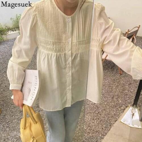 Korean Fashion Puff Sleeve Womens Shirt Early Autumn Round Neck Simple Pleated Blouse Casual Loose Women Top Blusas Mujer 16742