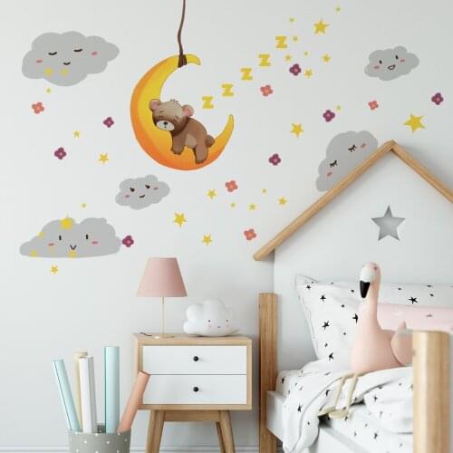 Cartoon Wall Stickers Clouds Moon Bear Wall Decals Children Bedroom Nursery Decoration Kids Room Decor Aesthetic Wallpaper Mural