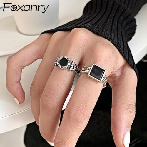 Foxanry New Trends 925 Sterling Silver Finger Rings Engagement Jewelry for Women Creative Black Circle Party Accessories Gifts