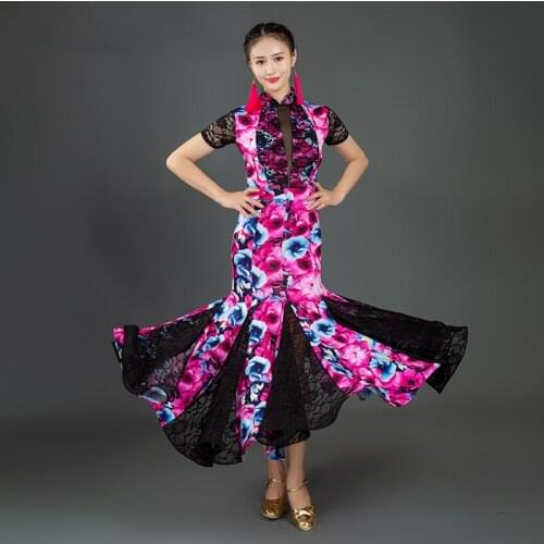 New lace modern dance costumes women sexy ballroom dance dress Short- sleeves waltz dancing dress Rose red white