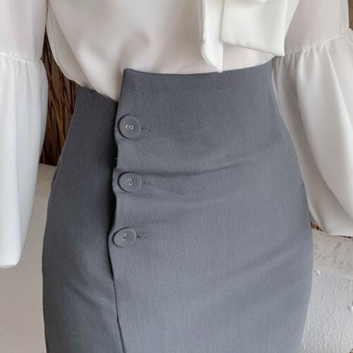 Autumn Winter Fashion High Waist Slimming Long Sexy Vintage Split Yellow Bodycon Skirt Knee Length Skirts Womens