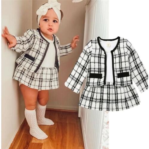 1-6Y Autumn Toddler Clothes Kids Baby Girls Birthday Long Sleeve Plaid Coat Tops+ Dress Warm Outfit 2pcs Childrens Clothing