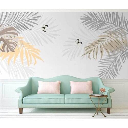 Custom Grey mural wallpaper Nordic minimalist plant coconut leaf palm tree butterfly living room bedroom background 3d wallpaper