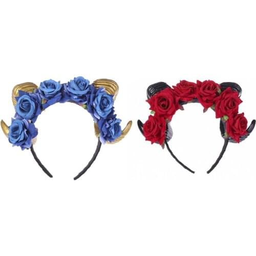 Bull Horn Headband Sheep Horn Hair Hoop for Halloween Flower Rose Hairband Gothic Props Theme Creative Party Costume