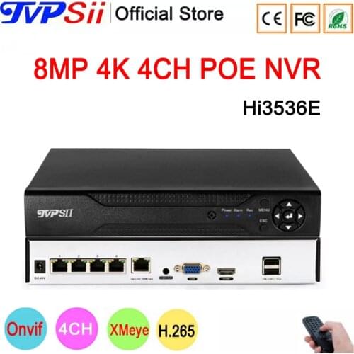 Remote Control Hi3536D XMeye Audio 48V Max 8TB H.265+ 5mp 4CH 4 Channel Face Detection Onvif IP WIFI POE CCTV DVR NVR