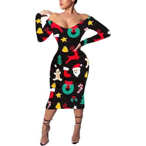 Christmas Women’s Casual Autumn Long-sleeved Dress Fashion Christmas Print Boat Neck Skinny Mid-length Dress Xmas Party Vestidos