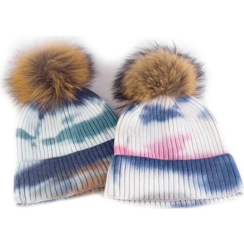 Real Fur Balls Hat For Women Girl Winter Warm Fashion Pompom Hats High Quality Female Tie-Dyed Caps Knitted Ski Beanies Шапка