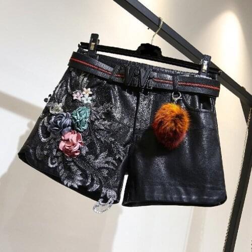 Pu leatehr shorts Internet celebrities retro embroidery flowers pattern leather shorts female high waist wide leg shorts F1351