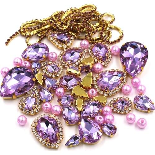 Wedding Decoration gold base Crystal violet Mix size Glass Crystal Stones Pearl Beads Cup Chain Rim Rhinestones Sew On Clothing