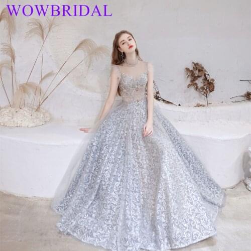 Wowbrial 2021 Elegant Floor Length Tulle Coral Lace Appliqued Dubai Evening Dresses without Sleeve