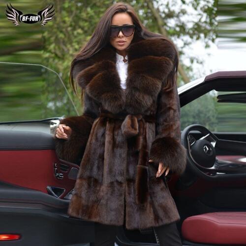 Fashion Winter Real Mink Fur Coat For Women With Big Fox Fur Lapel Collar Thick Warm Genuine Mink Fur Jacket Long With Fur Belt
