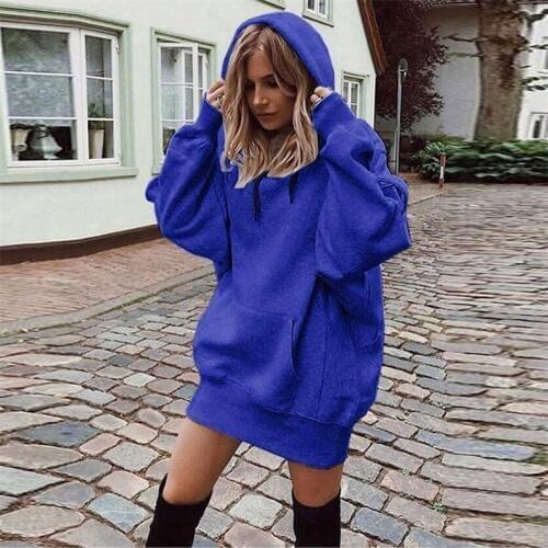 Women Hoodies Fashion Solid Color Medium and long section Drawstring Plus velvet Pullover Coat Hoody Sweatshirt oversize
