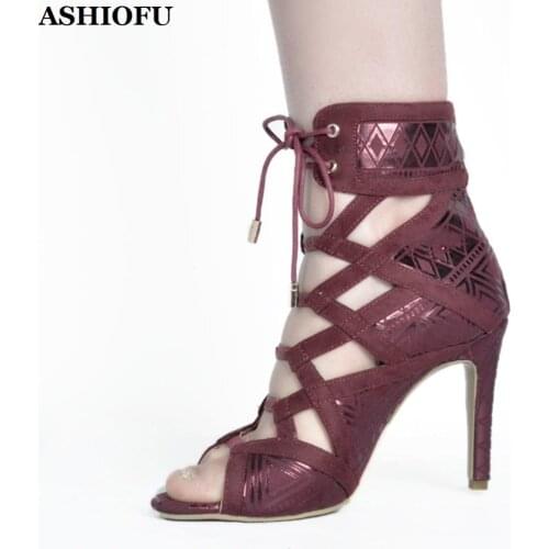 ASHIOFU New Style Handmade Ladies High Heel Pumps Cross Strap Party Prom Dress Shoes Sexy Evening Club Fashion Sandals Shoes