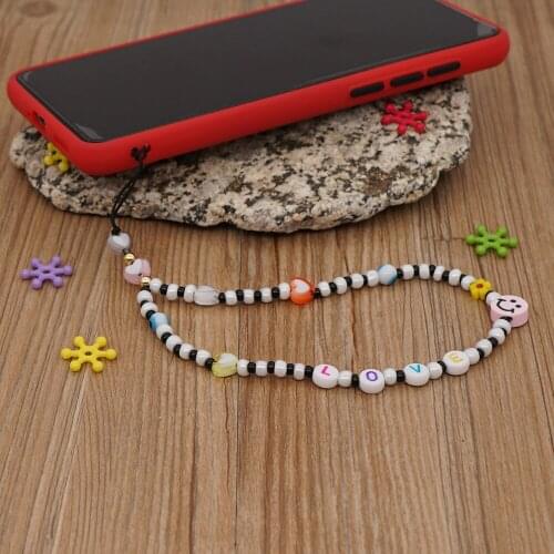 2021 Girl Black White Beaded Phone Strap Chain Wrist Smile Face Chains Beads Lanyard Heart LOVE Letter Evil Eye Bracelet