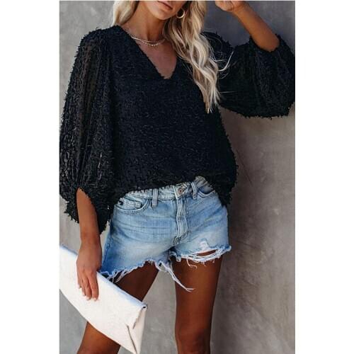 Black/Pink Feather Balloon Sleeve Pullover Top 2020 Autumn Spring Women V Neck Pullover Plus Size S-2XL Blouse Tops