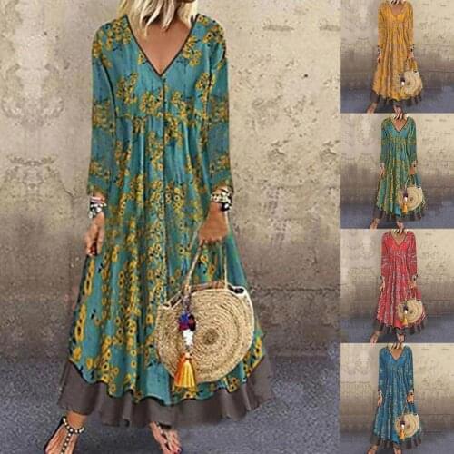 Women Temperament Vintage Pattern Print Ruffles Hem Dress Autumn Winter Maxi Dress Printed for Daily Wear