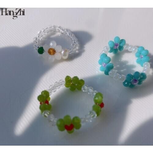 HangZhi New Korean Ins Trendy Colorful Acrylic Seeds Handmade Lovely Flowers Beaded Ring for Women Girls Party Jewelry