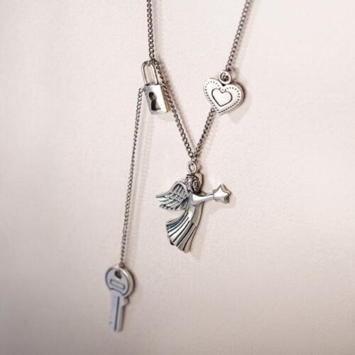 SOLID 925 STERLING SILVER GIRL WOMEN heart angel key lock CHARM CHAIN Necklace A3991