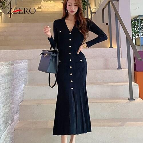 Autumn Winter vintage Women Black V-Neck Keep Warm Bottoming Knitting Dresses Long Sleeve Pullover Sexy Slim Mermaid Dress 2020