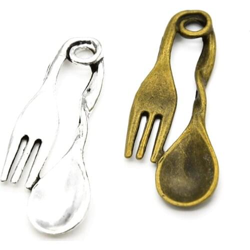 MENGJIALE 10pcs/lot Two Color Vintage Spoon & Fork Cutlery Charm for DIY Metal Pendant Personalized Jewelry Accessories