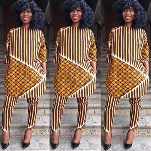 Africa Fashion Digital Printing Womens Three-quarter Sleeve Round Neck Top Drawstring Straight Pants Casual Suit FKJC FSCH
