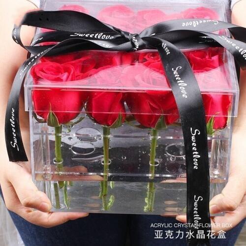 Acrylic Rose Flower Display Storage Box Makeup Organizer Cosmetic Holder Flower Gift Box for Valentines Day Birthday Gift