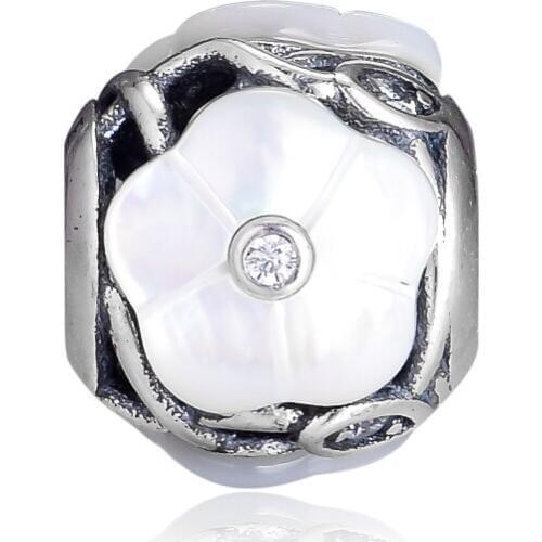 100% 925 Sterling Silver Luminous Florals Charm Mother-Of-Pearl & Clear CZ Fits Pandora Bracelets Beads for Jewelry Making
