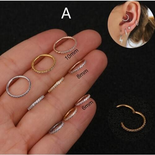 Chissen 1PC Stainless Steel Cz Hoop Hinged Segment Clicker Ring Nose Septum Jewelry Helix Cartilage Daith Piercing Earring