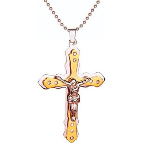 Men Necklace Chain Christian Jewelry Gifts Vintage Double Layer Cross Jesus Piece Rhinestone Pendant Necklace Gold Black Color